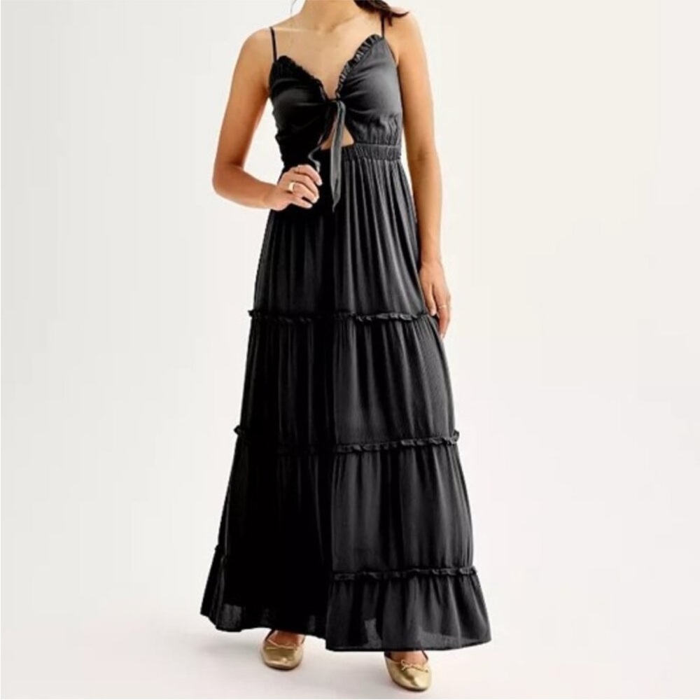 Harper & Ivy Black Sleeveless Tie Front Tiered Maxi Dress Juniors Large NWT